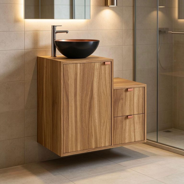 Mueble baño AC1415N Mueble color Nogal. Lavamanos de aluminio color Negro por fuera y Cobre por dentro 62x48x40 cm