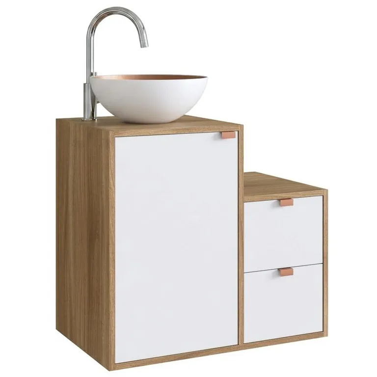 Mueble baño AC1415NB Mueble color Nogal con puertas y cajones en color Blanco. Lavamanos en aluminio Blanco por fuera y color Cobre por dentro. 62x48x40 cm