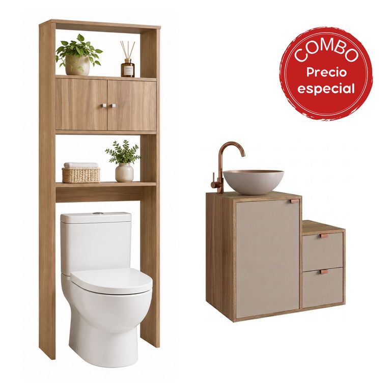 Combo mueble baño AC1415NC-65N Mueble color Nogal con puerta y cajones color Gris. Lavamanos en aluminio color Gris por fuera y Cobre por dentro. Organizador color Nogal 62x48x40 cm