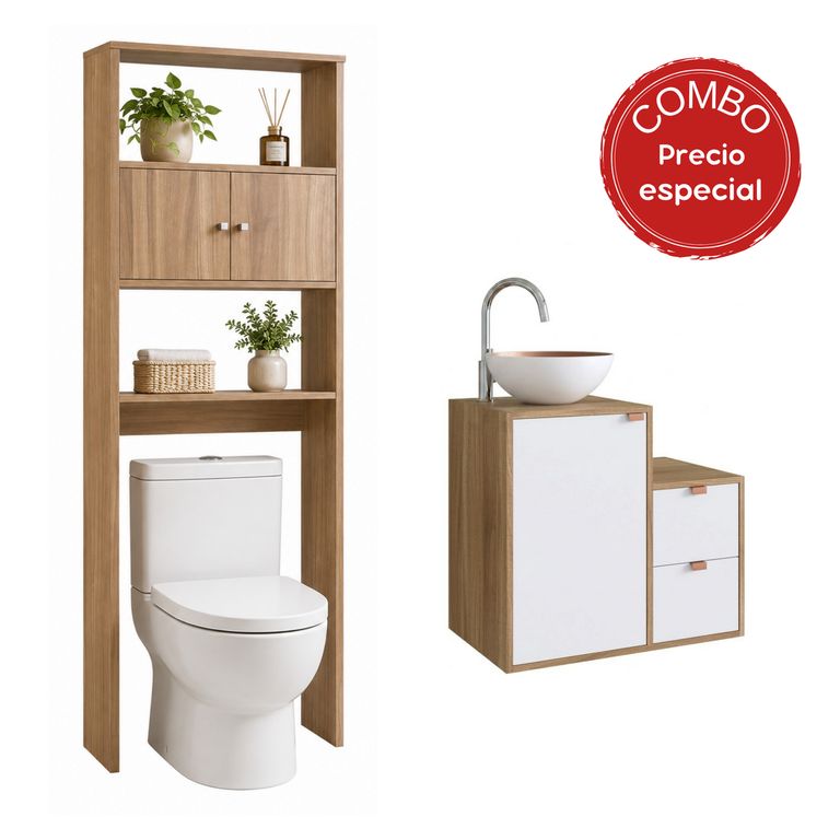 Combo mueble baño AC1415NB-65N Mueble en color Nogal con puerta y cajones color Blanco. Lavamanos en aluminio color Blanco por fuera y cobre por dentro. Organizador en color Nogal 62x48x40 cm