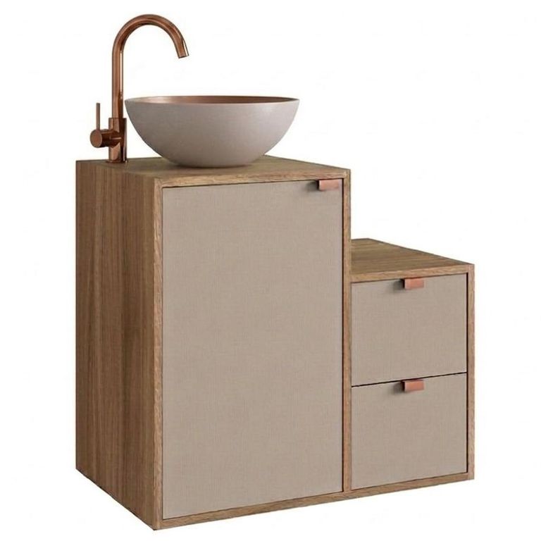 Mueble baño AC1415NC Mueble color Nogal. Puerta y cajones color Gris. Lavamanos en aluminio color Gris por fuera y Cobre por dentro. 62x48x40 cm
