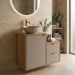 MOBILFRANK - Mueble baño AC1415NC Mueble color Nogal. Puerta y cajones color Gris. Lavamanos en aluminio color Gris por fuera y Cobre por dentro. 62x48x40 cm