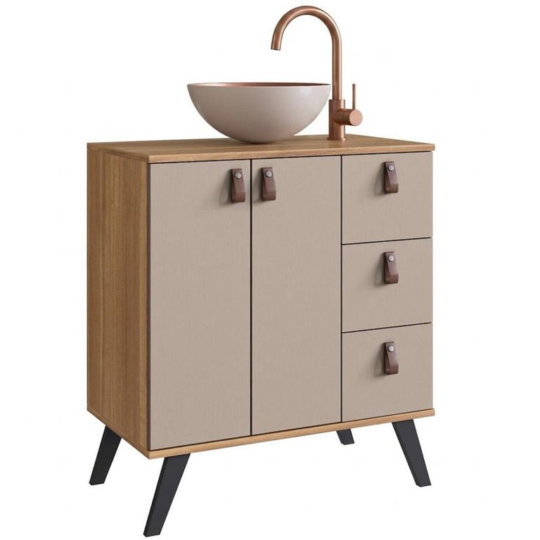 Mueble baño AC1416NC Mueble color Nogal. Puertas y cajones en color Gris. Lavamanos de aluminio color Gris por fuera y Cobre por dentro 68x75x39 cm