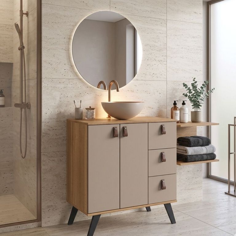 Mueble baño AC1416NC Mueble color Nogal. Puertas y cajones en color Gris. Lavamanos de aluminio color Gris por fuera y Cobre por dentro 68x75x39 cm