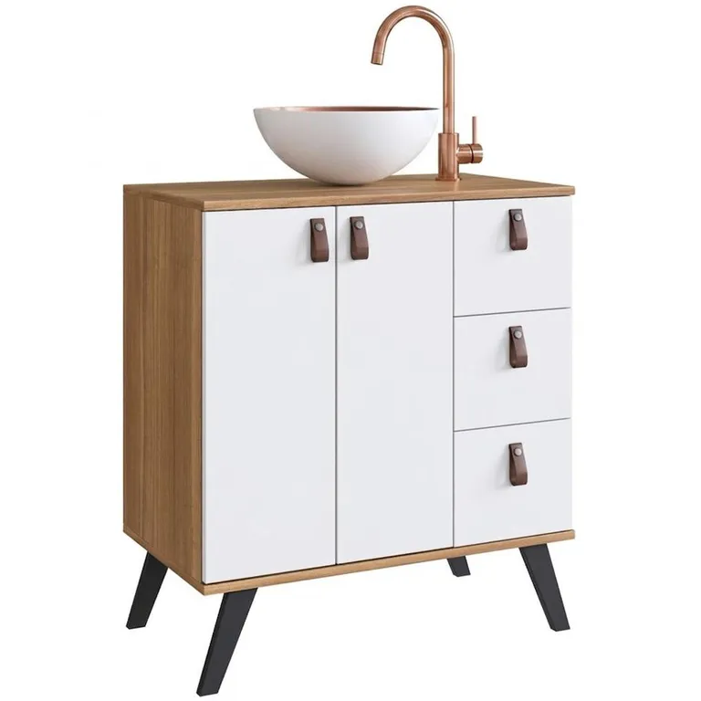 Mueble baño AC1416NB Mueble color Nogal. Puertas y cajones color Blanco. Lavamanos de aluminio color Blanco por fuera y Cobre por dentro. 68x75x39 cm