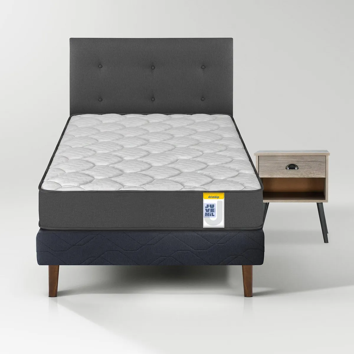 DRIMKIP - Cama con Respaldo + 1 Velador 1.5 plazas Europea Juvenil Negro
