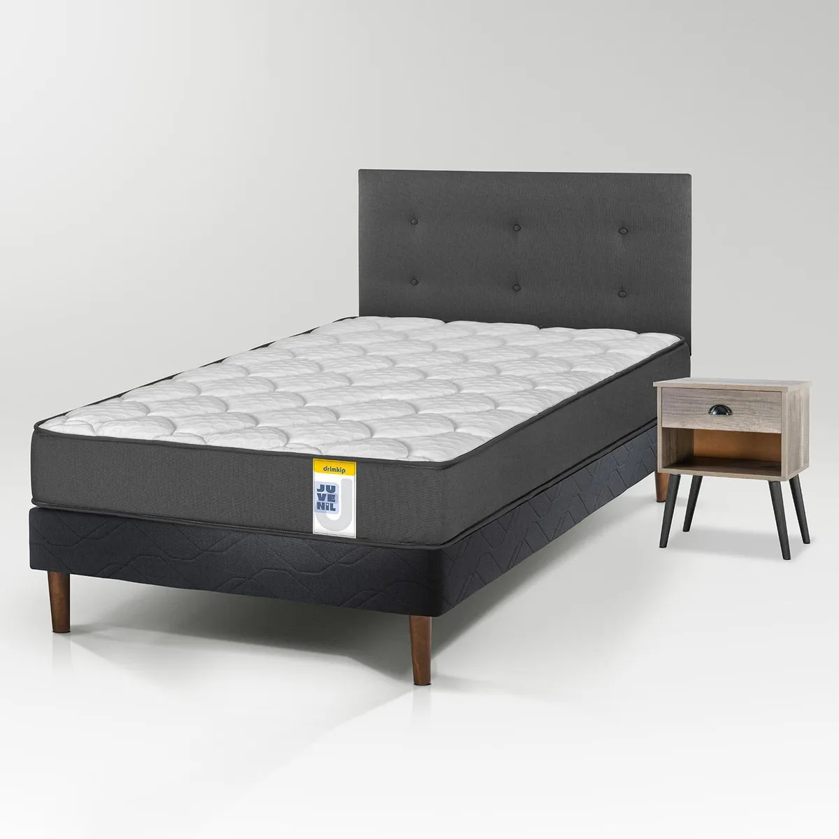 DRIMKIP - Cama con Respaldo + 1 Velador 1.5 plazas Europea Juvenil Negro
