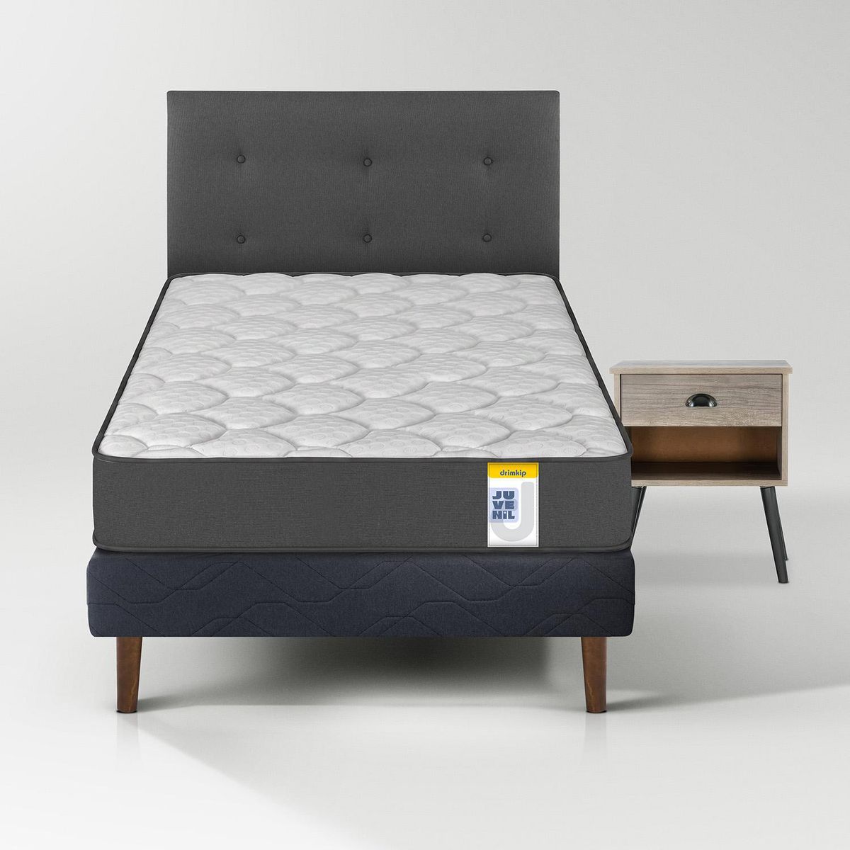DRIMKIP - Cama con Respaldo + 1 Velador 1.5 plazas Europea Juvenil Negro