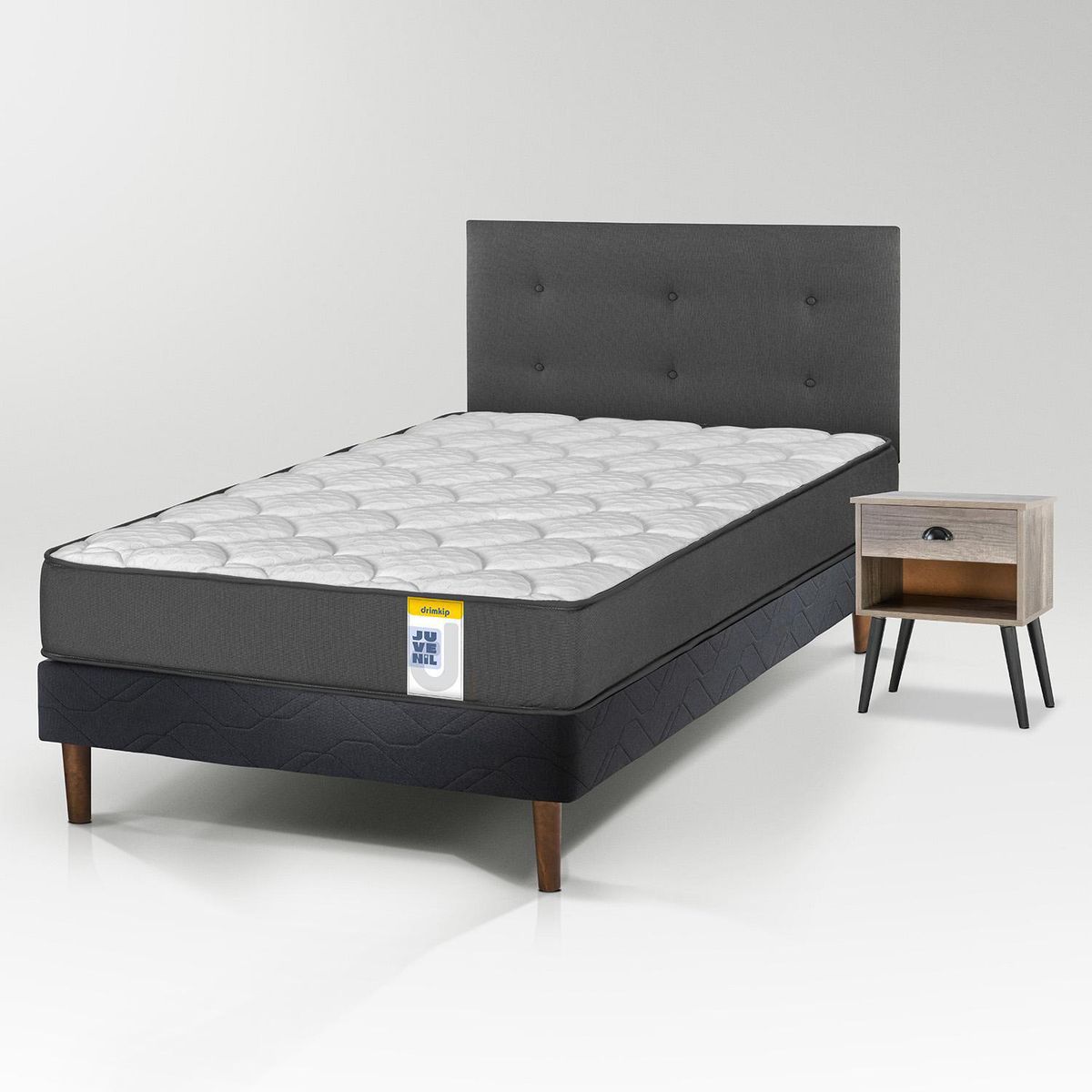 DRIMKIP - Cama con Respaldo + 1 Velador 1.5 plazas Europea Juvenil Negro