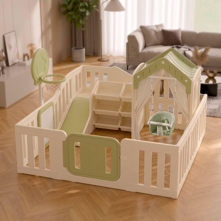 Corral Infantil de 7 Juegos con Resbalín Columpio Casita Crema