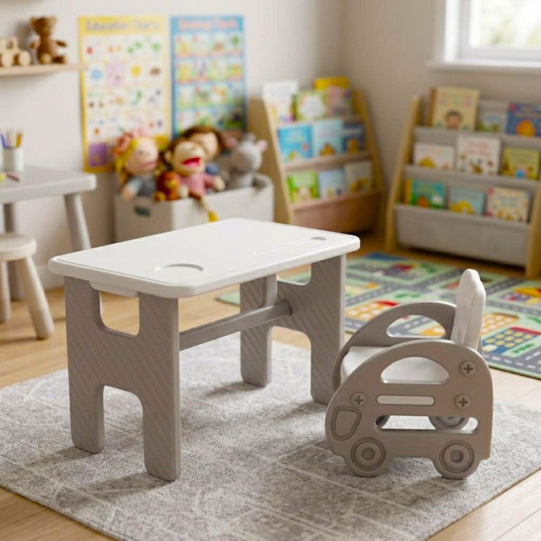 Mesa Plegable Infantil con Silla Bus Blanco Gris Blanco gris 70x45x45 cm
