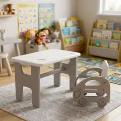 KIDSCOOL - Mesa Plegable Infantil con Silla Bus Blanco Gris Blanco gris 70x45x45 cm
