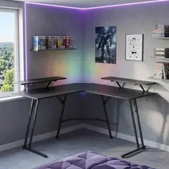 HOBBY - Escritorio Gamer en L Games Luces LED y Doble Soporte Negro 120x74x50 cm