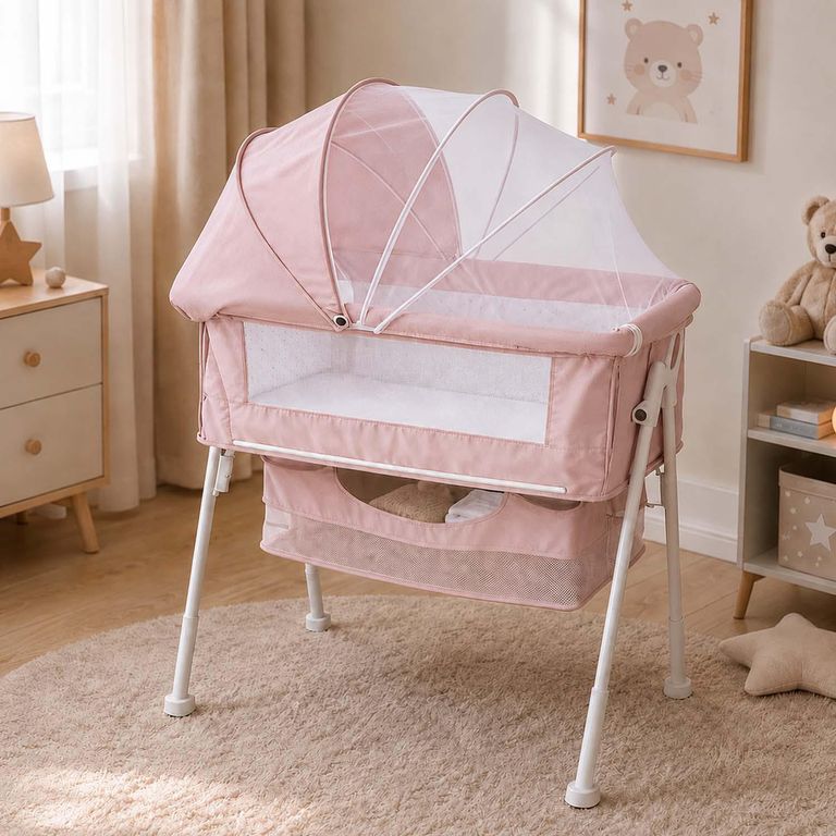 Cuna Colecho Plegable Mosquitero Canasto Rosado 83x91x53 cm