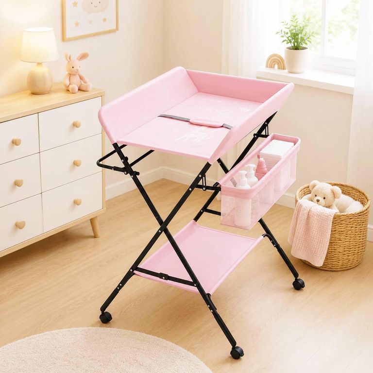 Mudador de Bebé Plegable Ajustable Ruedas Rosado