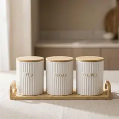 SOHOGAR - Set de cerámica té/azúcar/café con base bambú 34,7x11x7 cm
