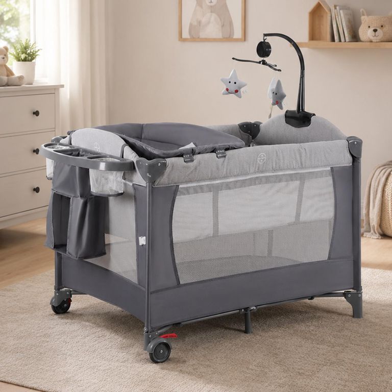 Cuna Corral Plegable con Mudador y Mosquitero Cloe Gris 76x104x76 cm