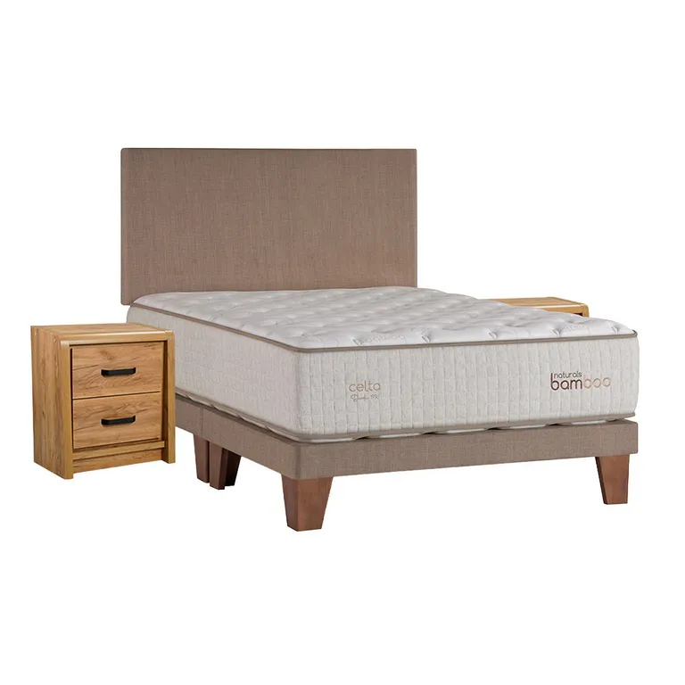 Cama 2 plazas Europea Naturals Bamboo Beige + Respaldo + Velador
