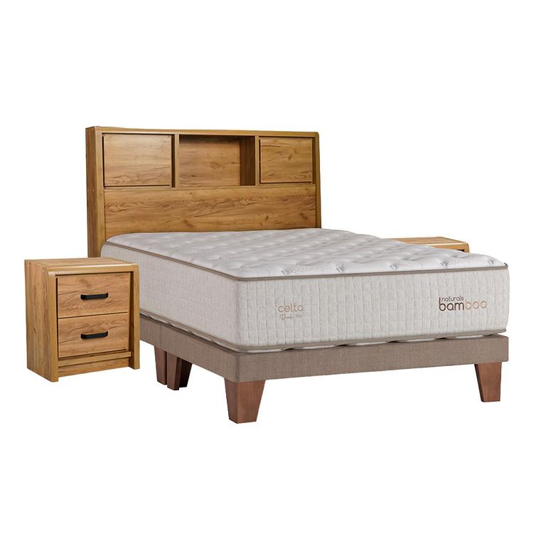 Cama King Europea Naturals Bamboo Beige + Respaldo + 2 Veladores