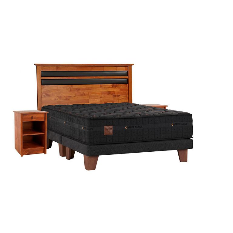 Cama King Europea Copper Black Gris + Respaldo + 2 Veladores