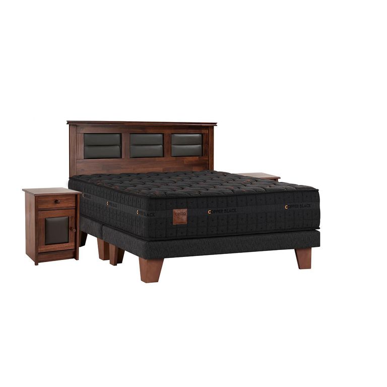 Cama King Europea Copper Black Gris + Respaldo + 2 Veladores