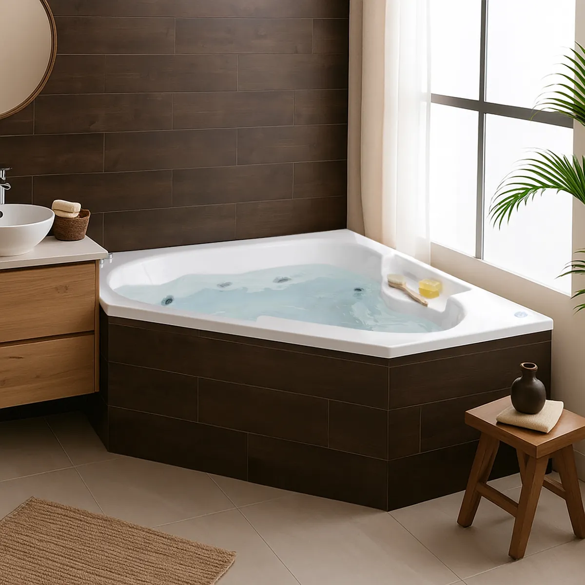 NORGLAS - Tina hidromasaje 370 l creta 7 jets izquierda 150x150x115 cm