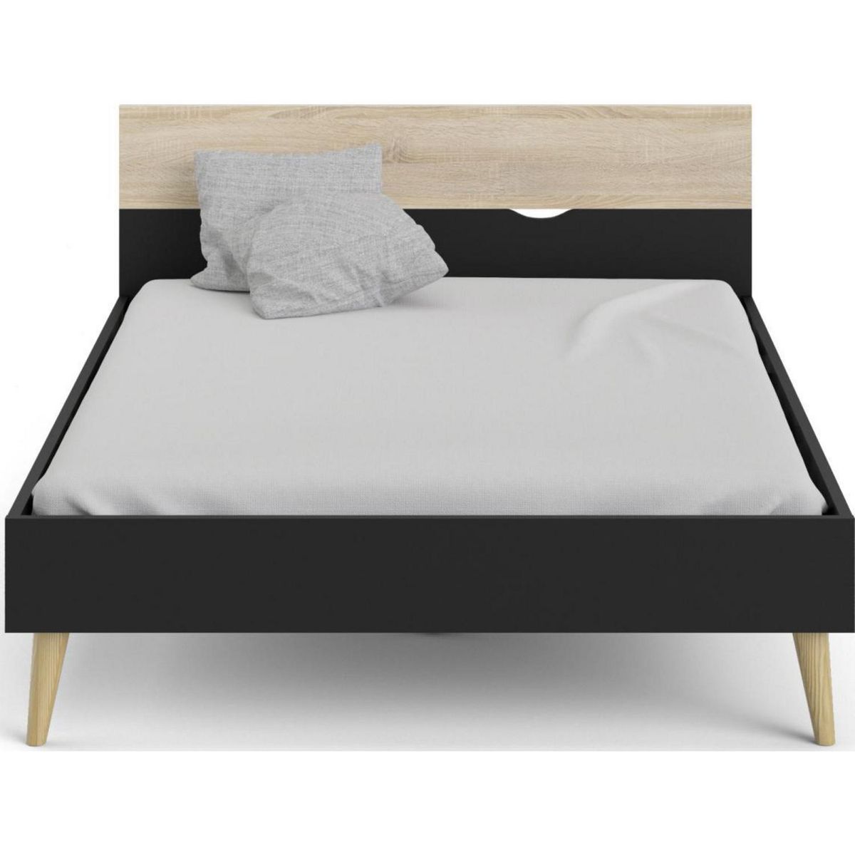 TVILUM - Cama 2 Plazas de Estructura Oslo Negro Mate/Roble Patinado