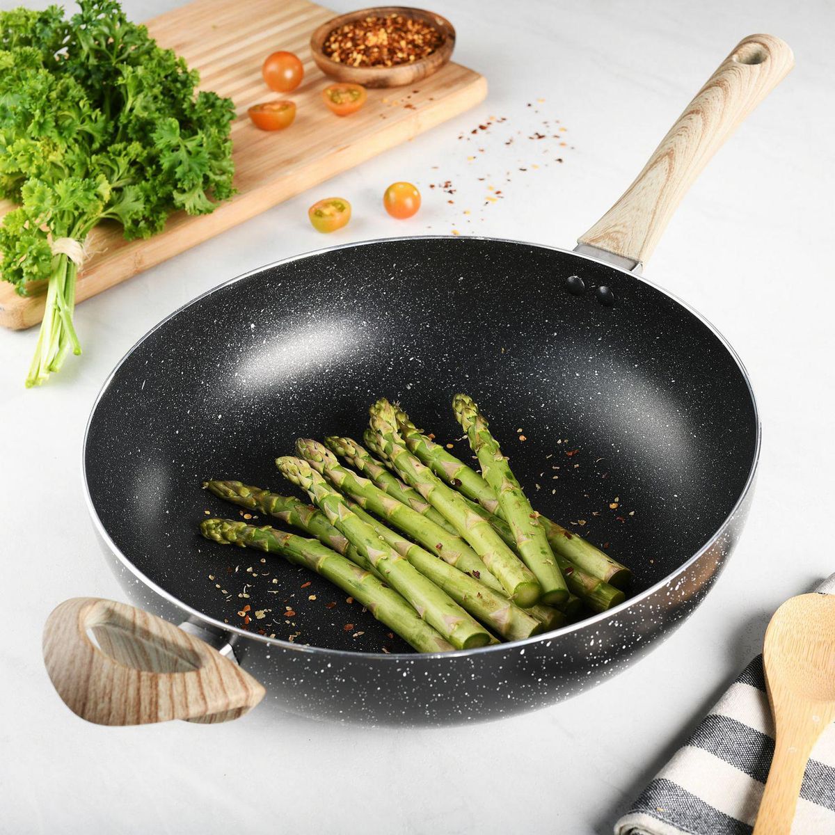 JUST HOME COLLECTION - Wok Inducción 30 cm 1 Piezas Aluminio Marbel Negro