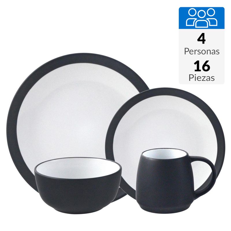 JUST HOME COLLECTION - Juego de Loza 16 Piezas Cerámica Oslo Negro
