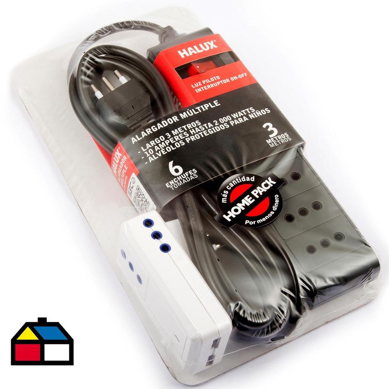 HALUX - Set alargador 3 m 6 tomas + adaptador USB