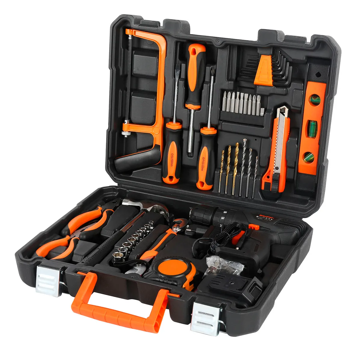 BAUKER - Kit Taladro 12V 10 mm + herramientas manuales y accesorios