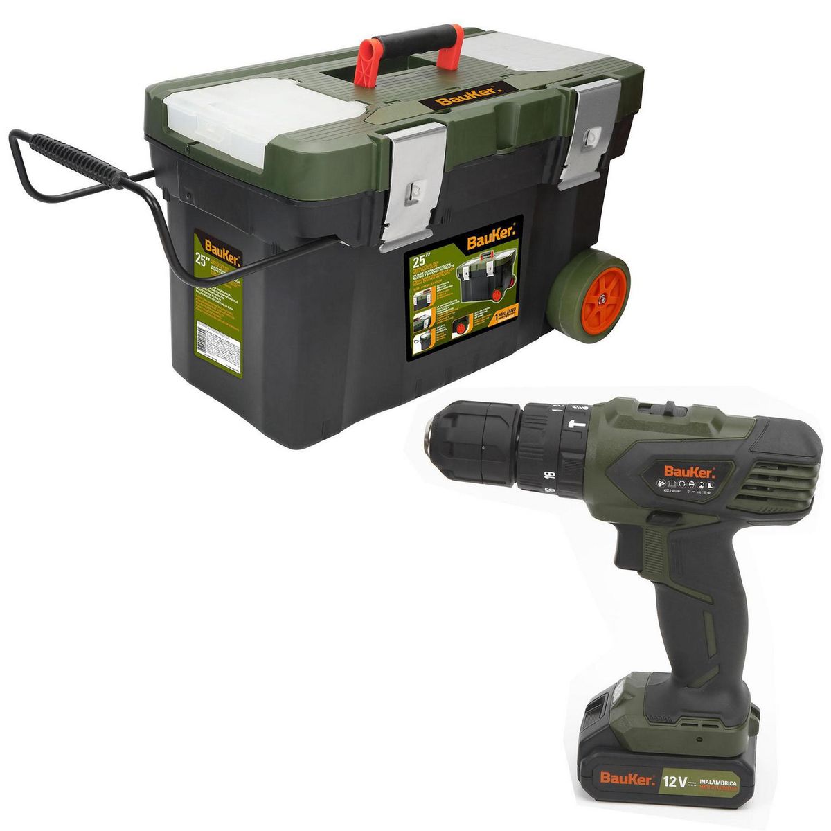 BAUKER - Taladro Inalámbrico Percutor 10 mm 12 V/1 Batería/Carro