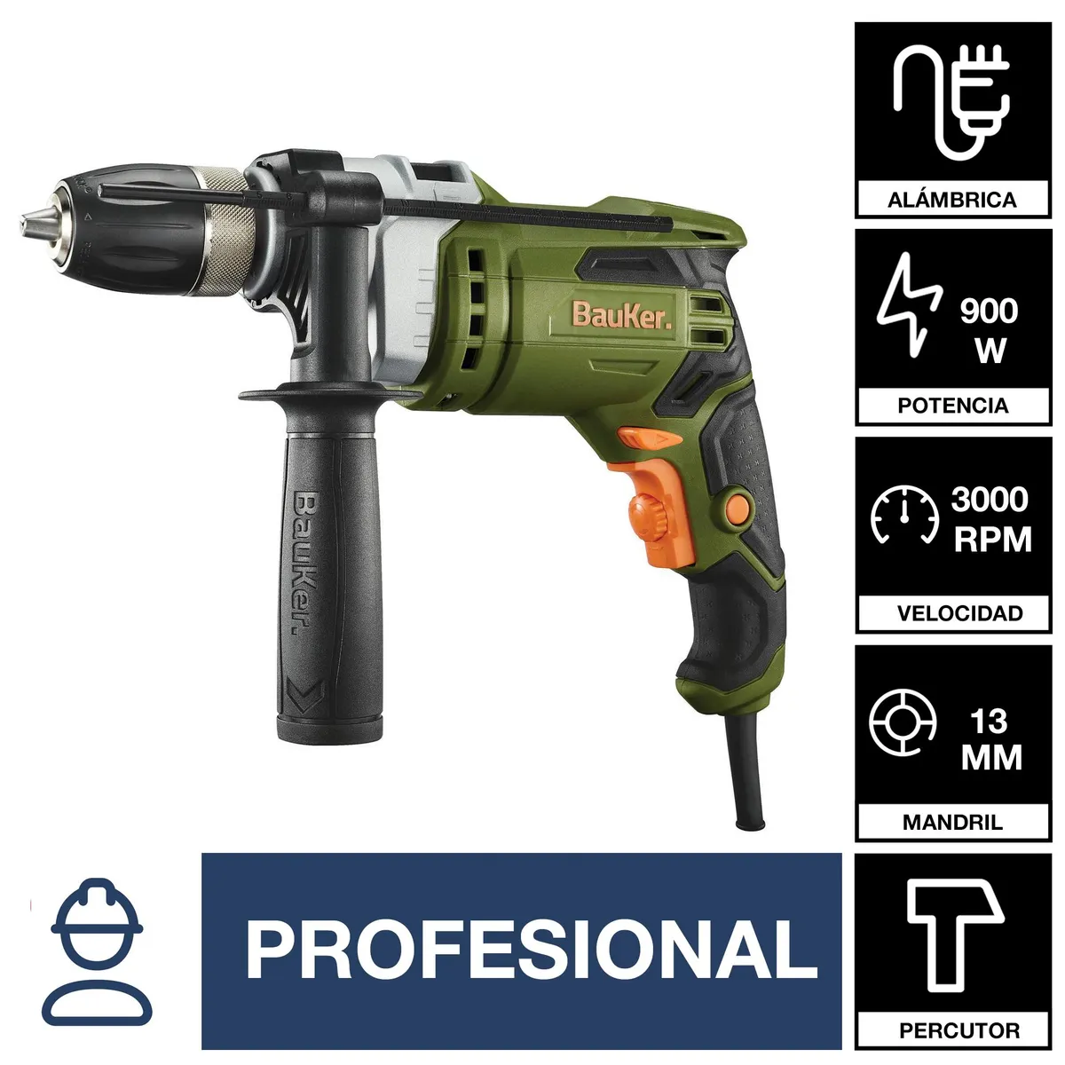 BAUKER - Taladro Percutor Eléctrico 13 mm 900 W 220 V