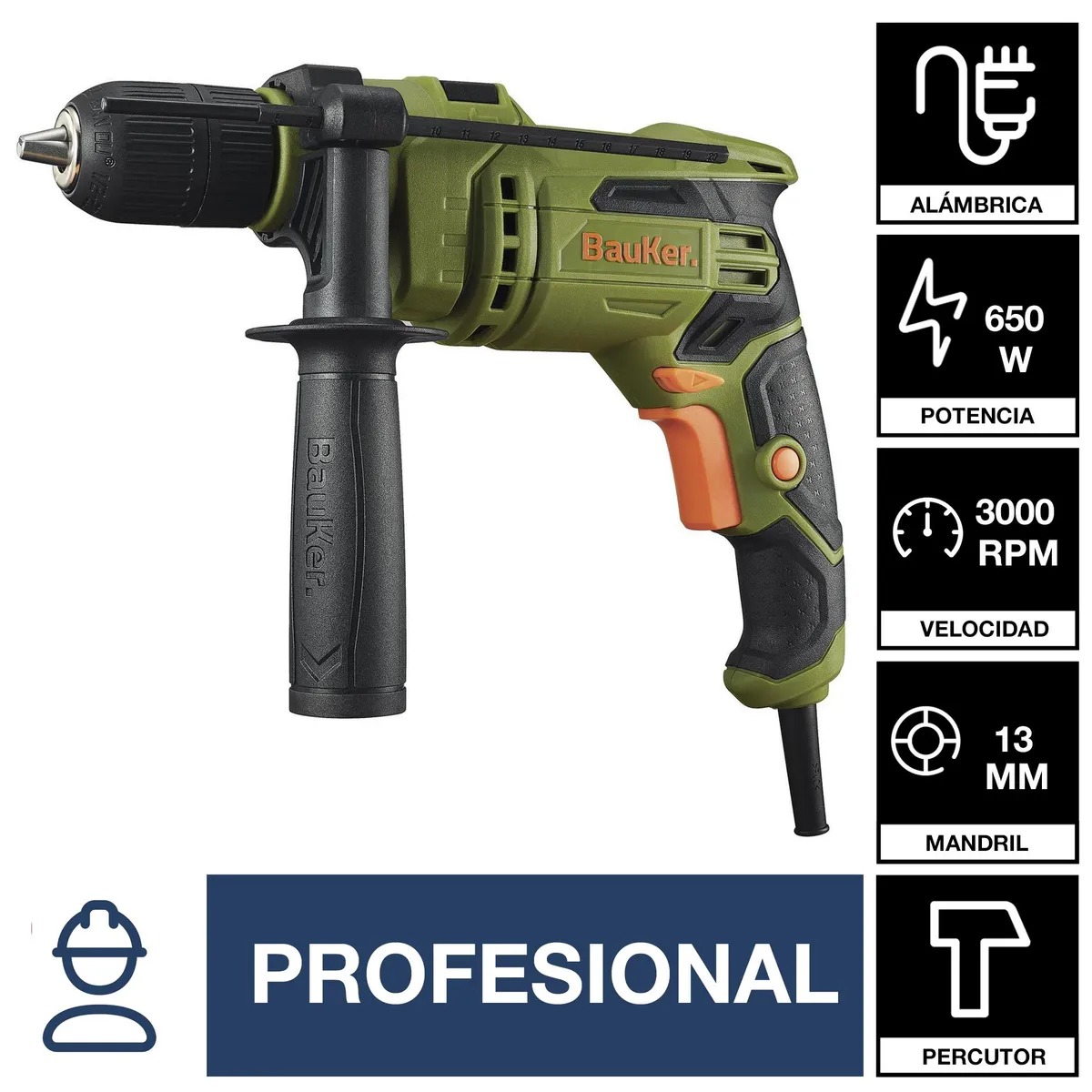 BAUKER - Taladro Percutor Eléctrico 13 mm 650 W 220 V