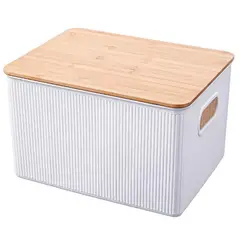 JUST HOME COLLECTION - Caja Plástica con Tapa Bambú 12.5x10x16.5 cm 2 l Blanco