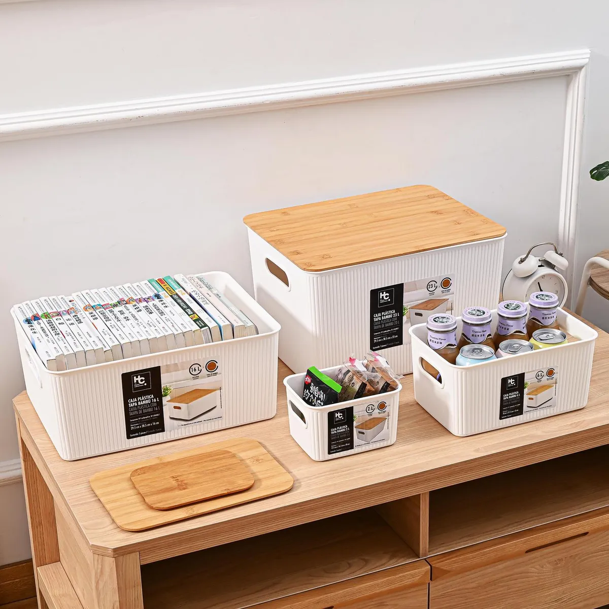 JUST HOME COLLECTION - Caja Plástica con Tapa Bambú 18x13x27.5 cm 6 l Blanco