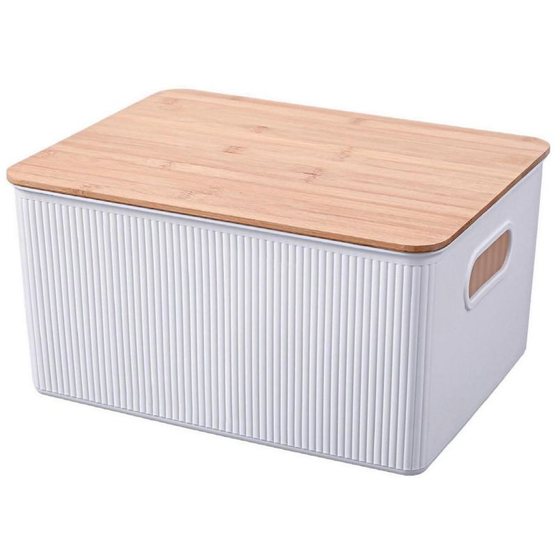 JUST HOME COLLECTION - Caja Plástica con Tapa Bambú 29.5x16x38.5 cm 16 l Blanco