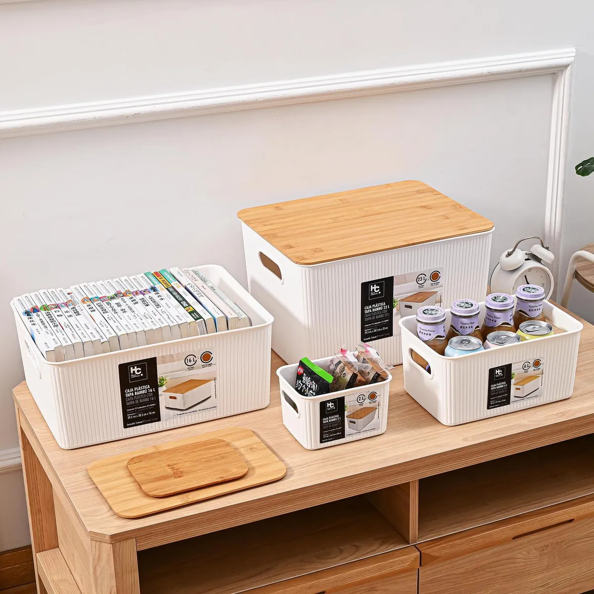 JUST HOME COLLECTION - Caja Plástica con Tapa Bambú 29.5x16x38.5 cm 16 l Blanco