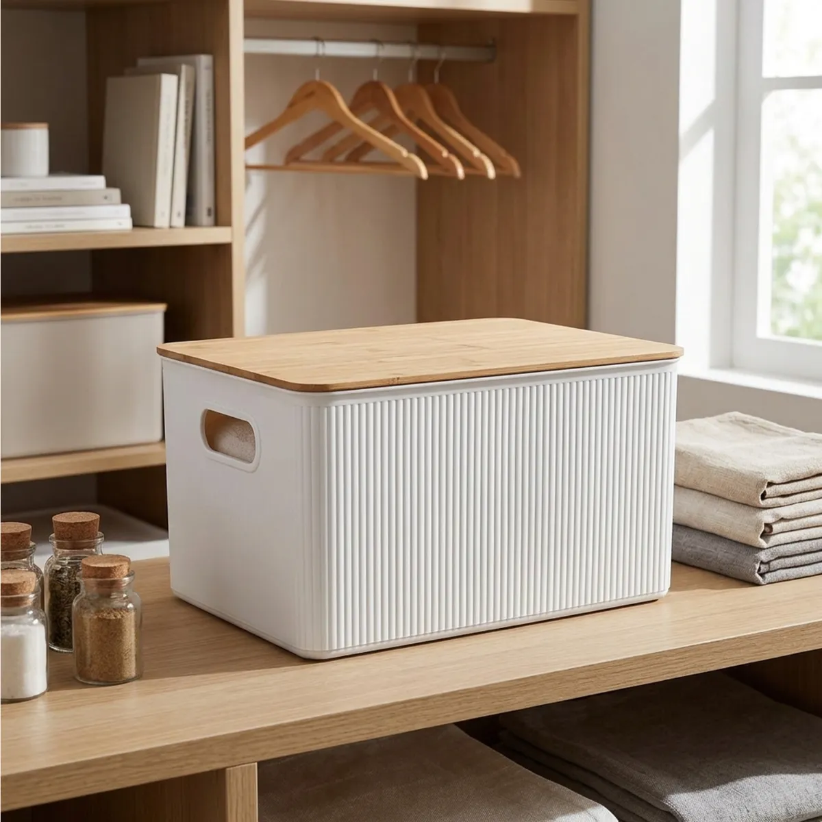 Caja Plástica con Tapa Bambú 29.5x16x38.5 cm 16 l Blanco, marca JUST HOME COLLECTION - Foto Principal