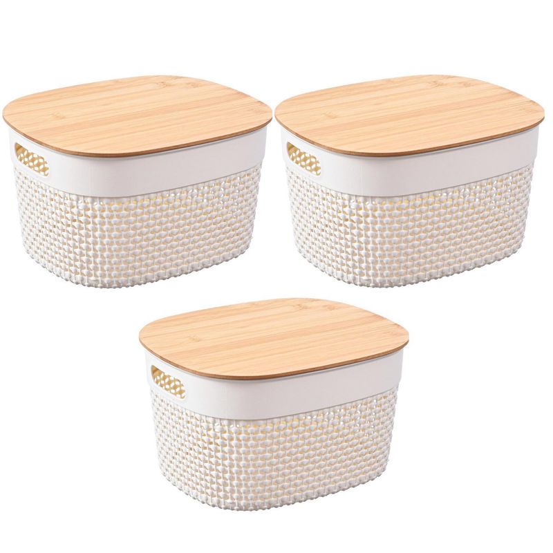 JUST HOME COLLECTION - Set 3 Cajas con Tapa Bambú 23x23.5x28 cm 6 l Blanco