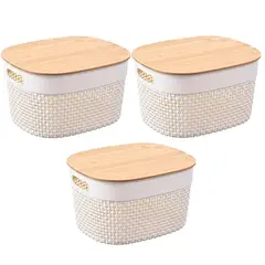 JUST HOME COLLECTION - Set 3 Cajas con Tapa Bambú 23x23.5x28 cm 6 l Blanco