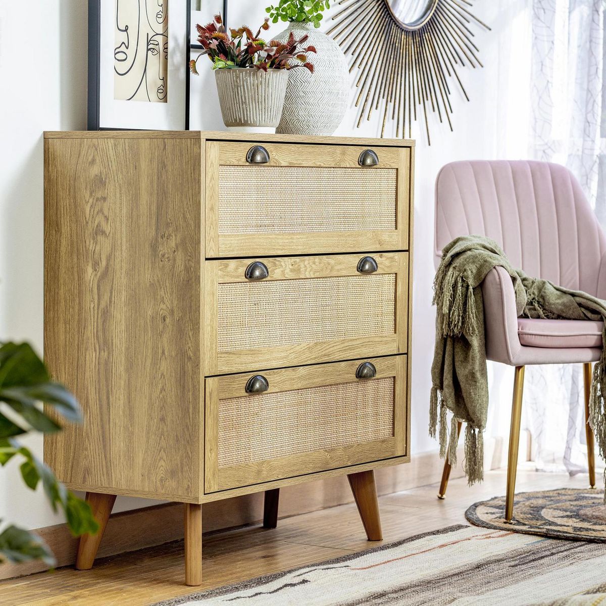 JUST HOME COLLECTION - Cómoda 3 Cajón(es) Rattan 80x90x40 cm Café