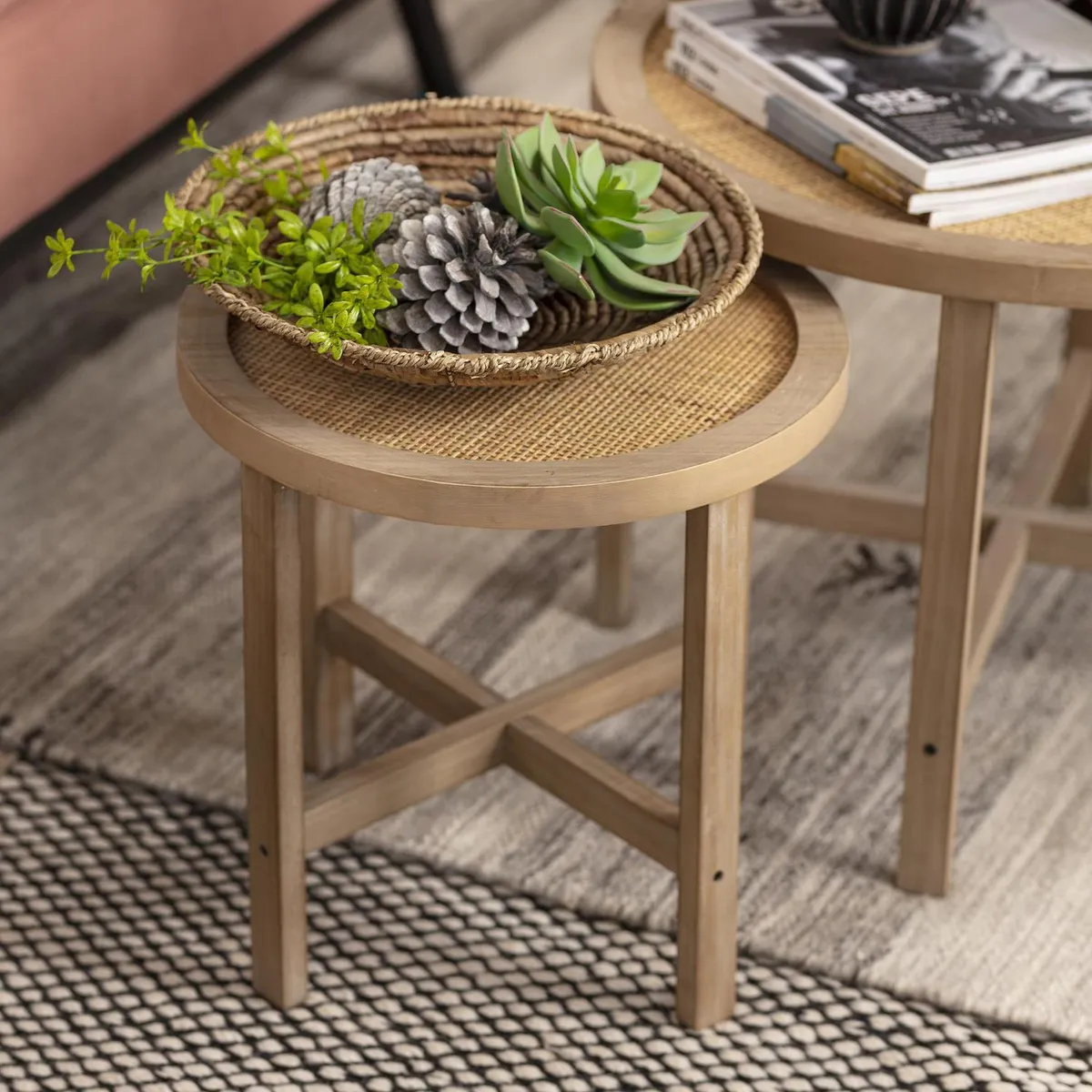 JUST HOME COLLECTION - Mesita madera ratán tejido 40 cm