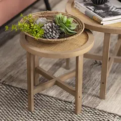 JUST HOME COLLECTION - Mesita madera ratán tejido 40 cm