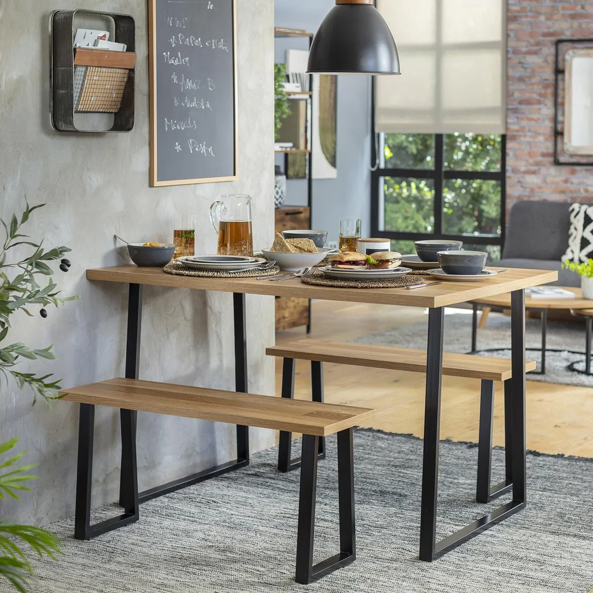 JUST HOME COLLECTION - Set Comedor 2 Banquetas Mesa Rectangular 90x75x120 cm Madera