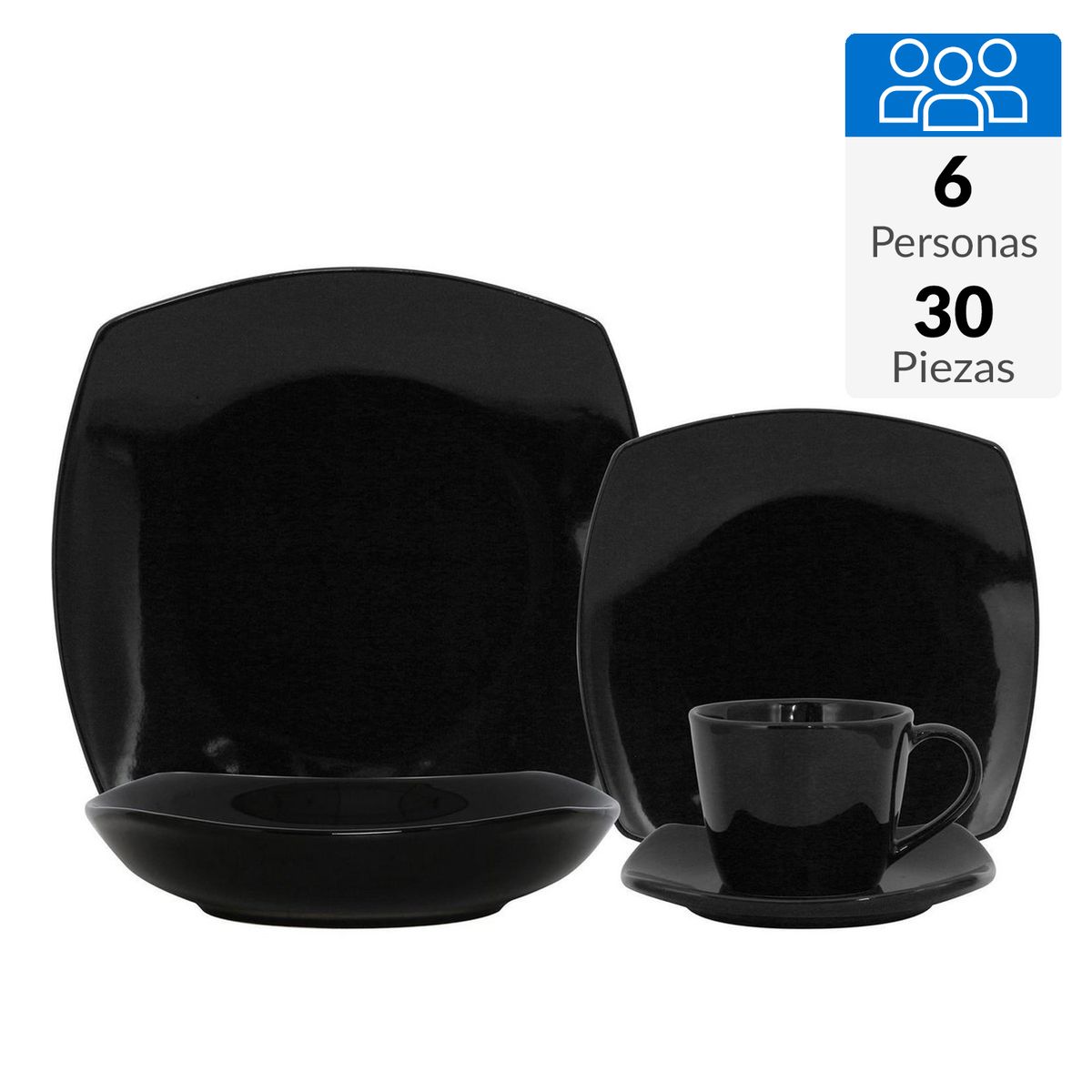 JUST HOME COLLECTION - Juego de Loza 30 Piezas Cerámica Cuadrado Negro