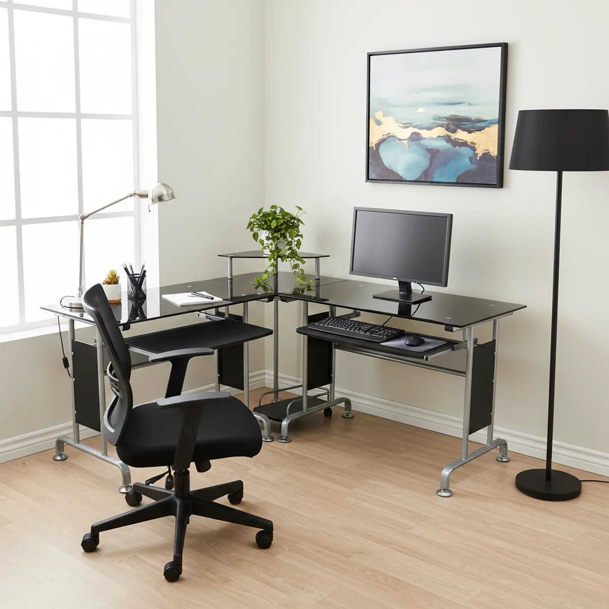 JUST HOME COLLECTION - Escritorio Vidrio L Esquinero Negro 145x170.5x88 cm