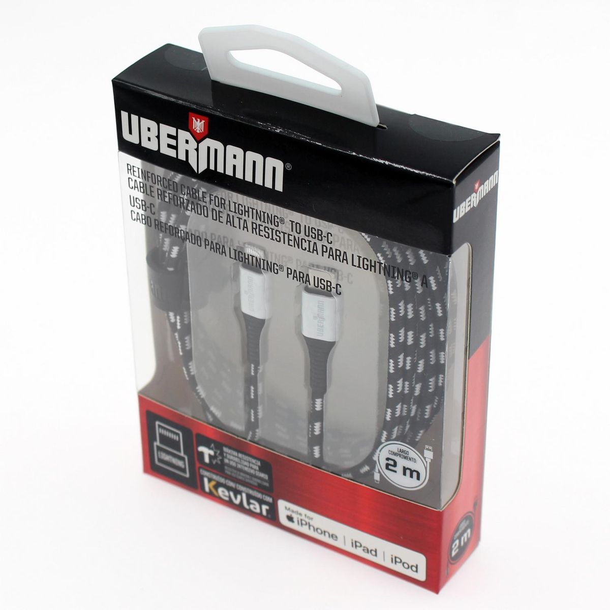 UBERMANN - Cable carga rápida Tipo C a Lightning hecho con Kevlar 2 mts