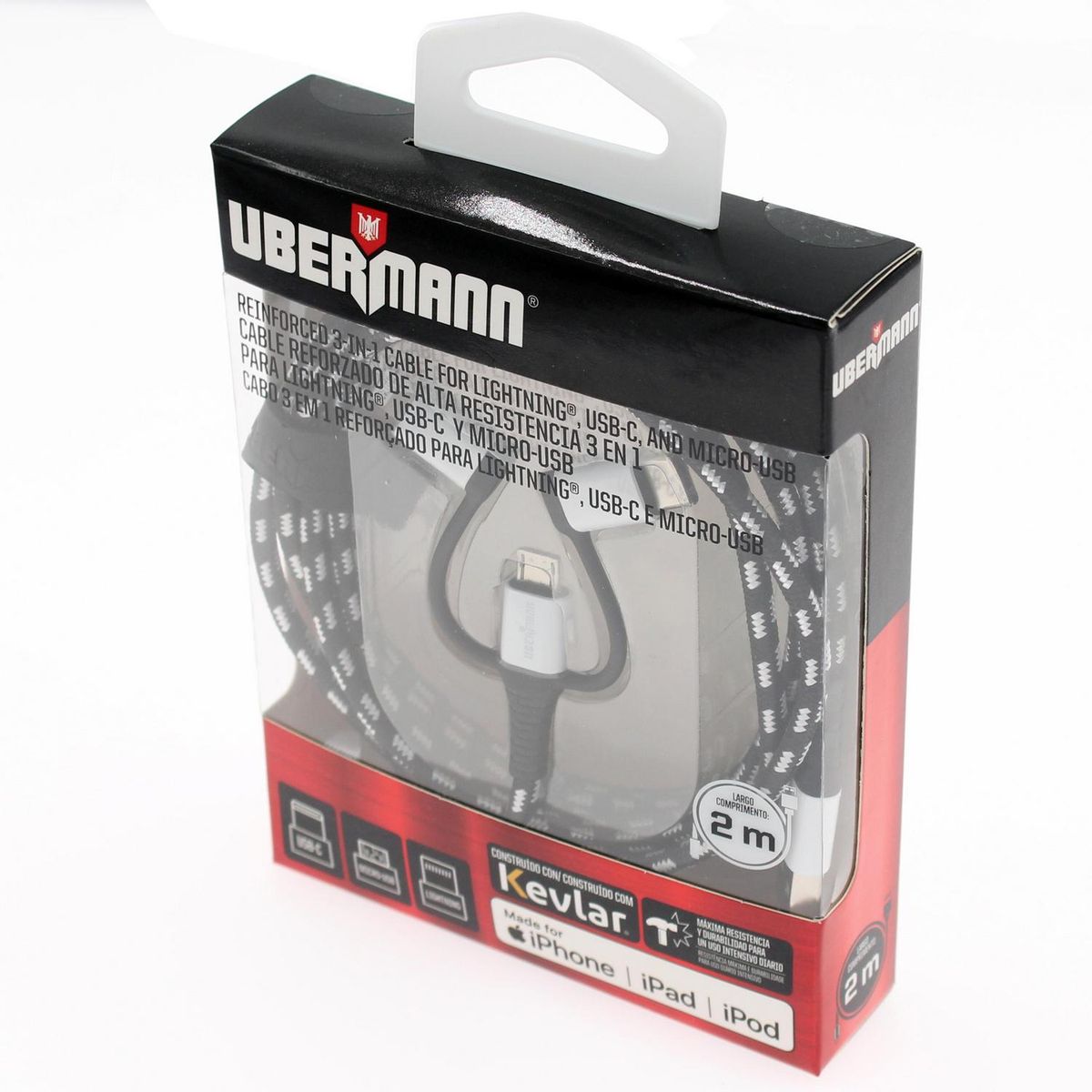 UBERMANN - Cable carga rápida USB 3 en 1 hecho con kevlar 2 mt
