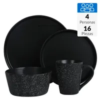 Juego de Loza 16 Piezas Cerámica Mármol Negro